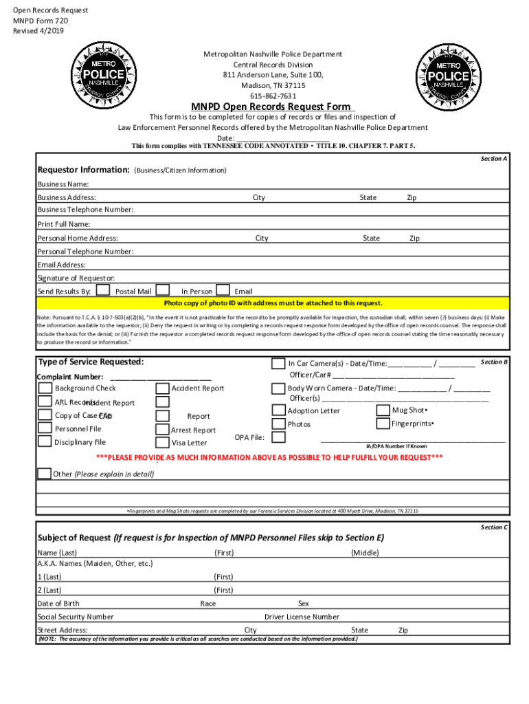  TN MNPD Form 720 Davidson County 2019-2024