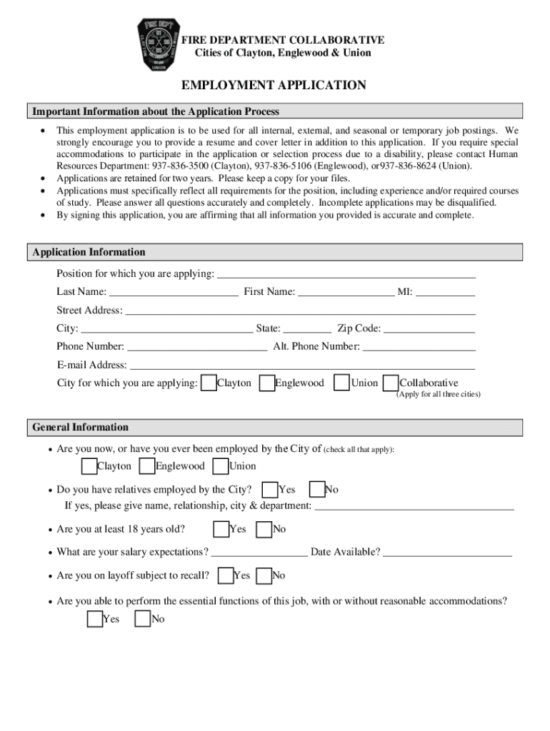 FIRE DEPARTMENT COLLABORATIVE Cities of Clayton Union  Form