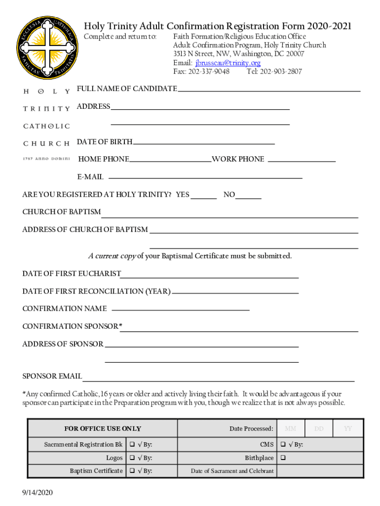 Holy Trinity Adult Confirmation Registration Form