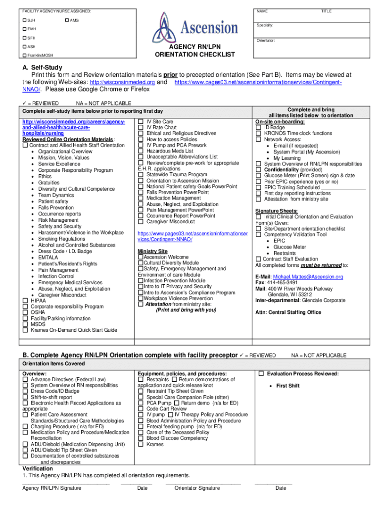  Ascension Agency RNLPN Orientation Checklist 2012-2026