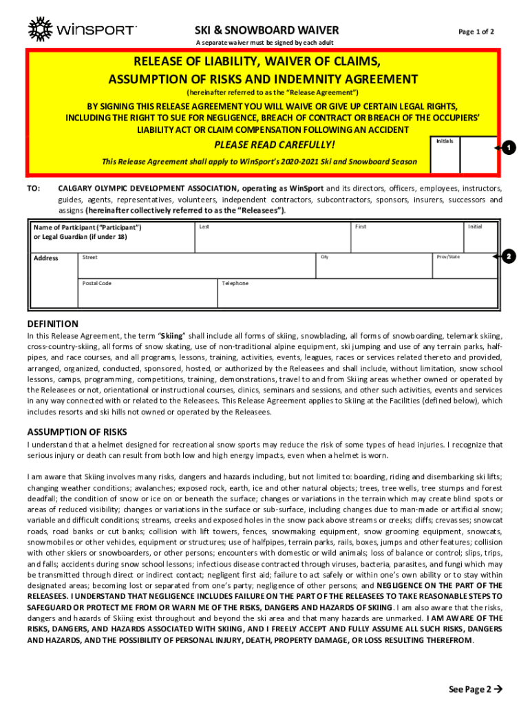 Winsport Ski Snowboard Waiver  Form