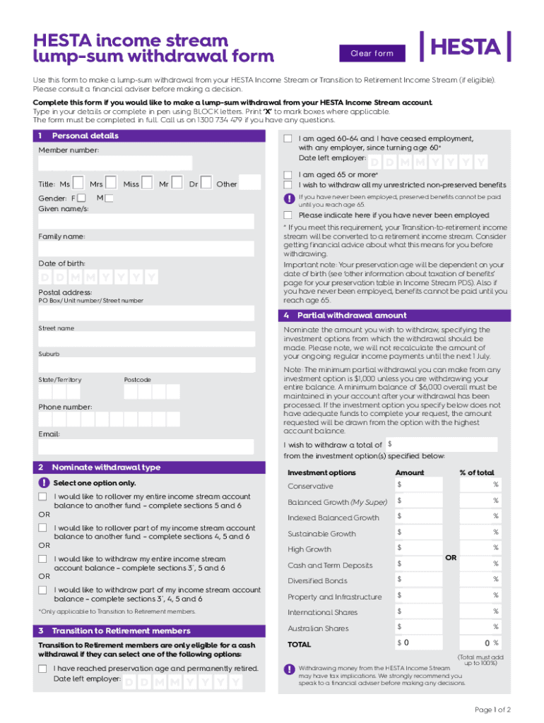 Hesta Income Stream Lump Sum Withdrawal Form