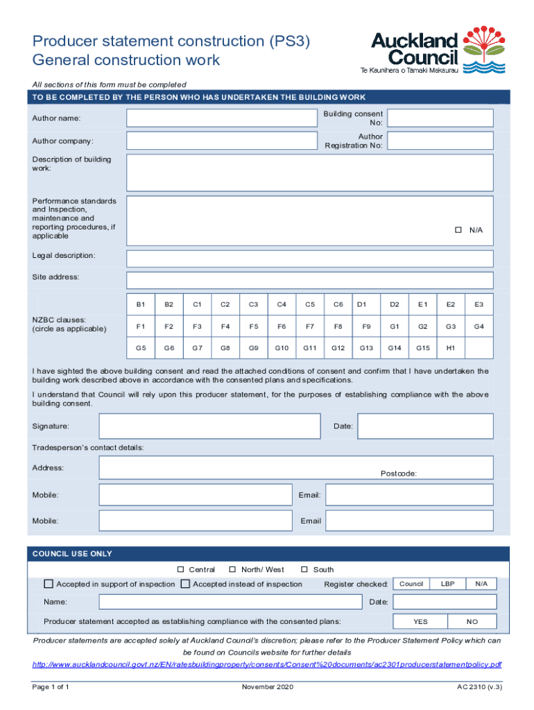  Producer Statement Construction PS3 General Construction 2020-2024