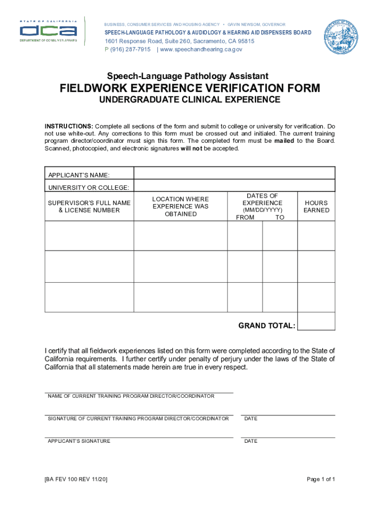 Fieldwork Verification Form