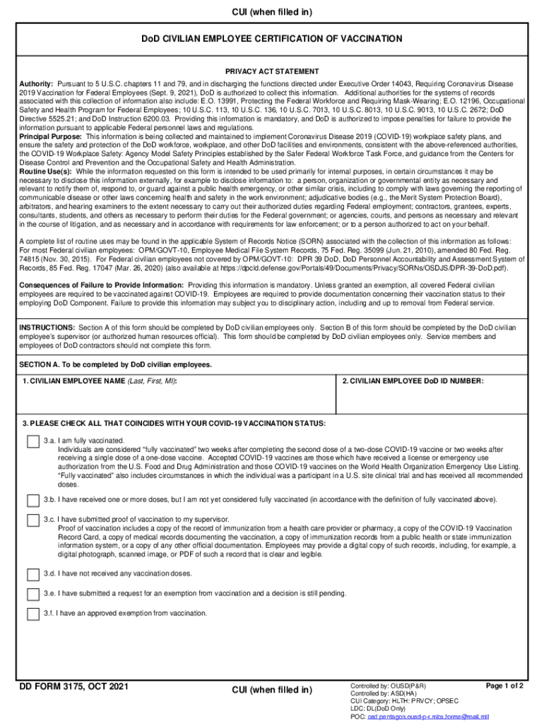 DD Form 3175, &amp;quot;CIVILIAN EMPLOYEE CERTIFICATION of VACCINATION&amp;quot;