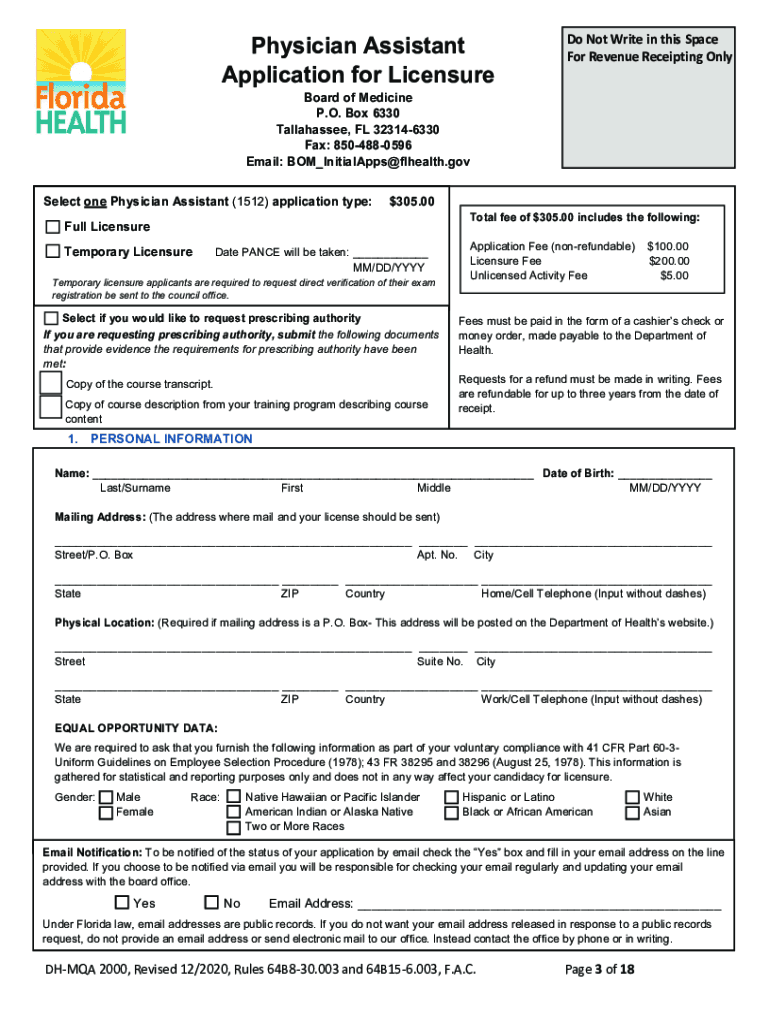 Florida Physician Assistant Application  Form