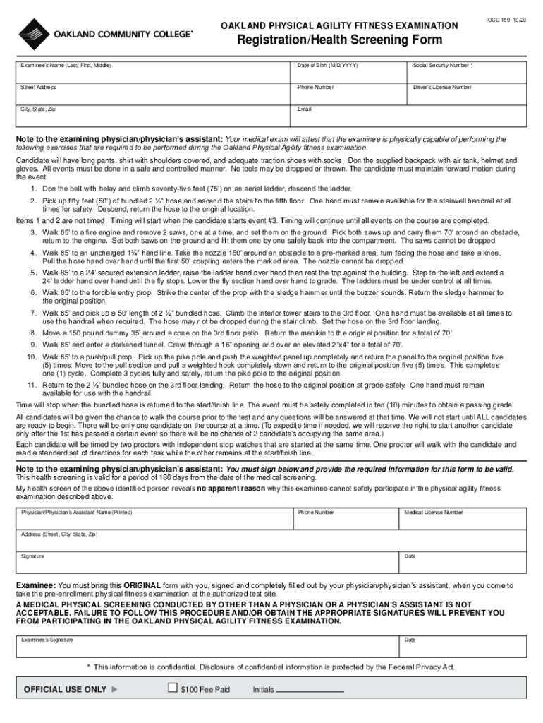 Oakland Physical Agility Fitness Examination RegistrationHealth Screening Form Oakland Physical Agility Fitness Examination Regi