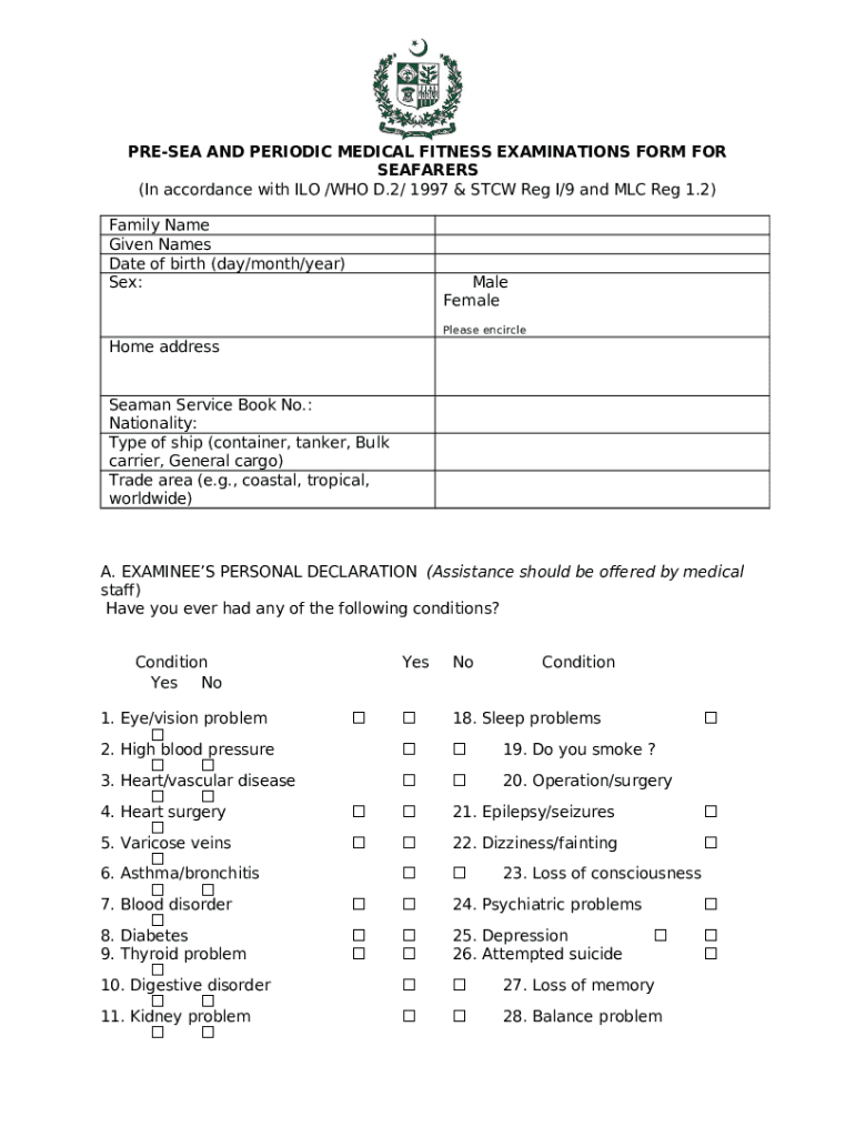 Pre Sea and Periodic Medical Fitness Examinations Form for