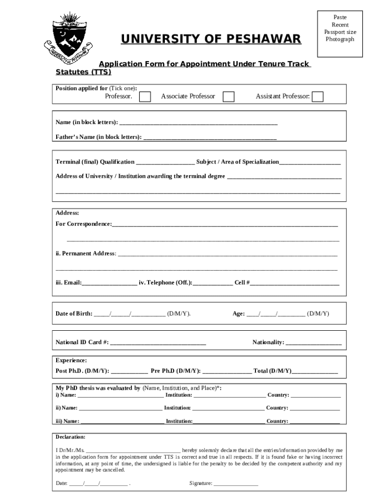 INFORMATION REQUIRED by the HEC for ENDORSEMENT of FACULTY APPOINTMENTS under TENURE TRACK STATUTES