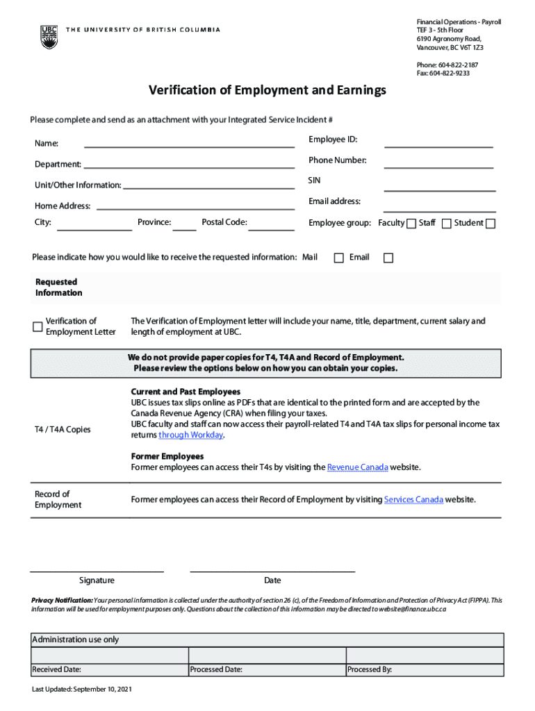 Ubc Verification Employment  Form