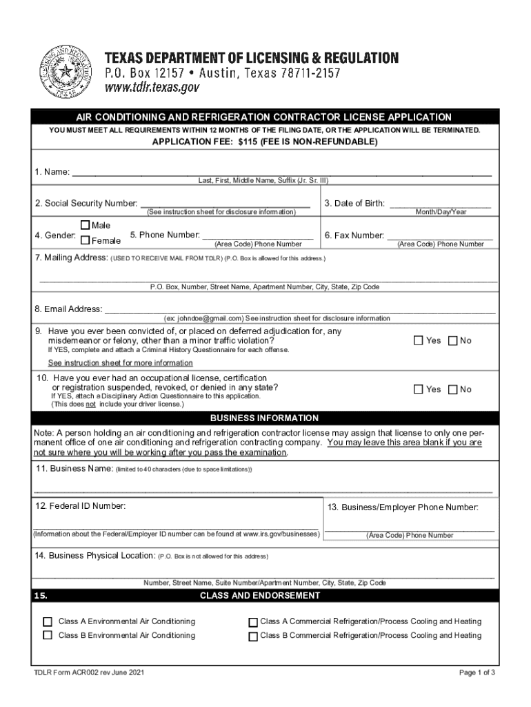 ACR002 Air Conditioning and Refrigeration Contractor License Application  Form