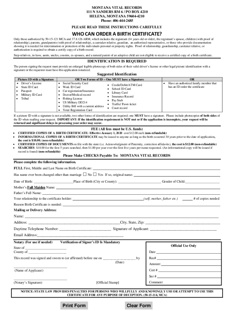 Birth &amp;amp; Death Certificates Montana Department of Public Health  Form