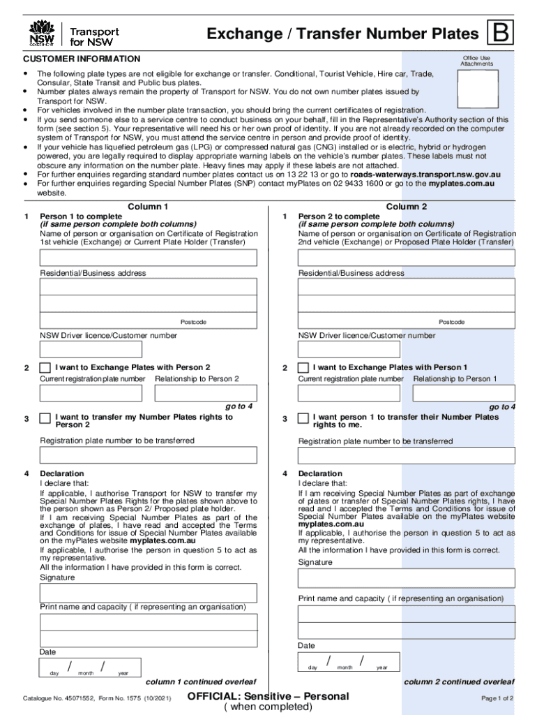 Exchange Transfer Number Plates Form