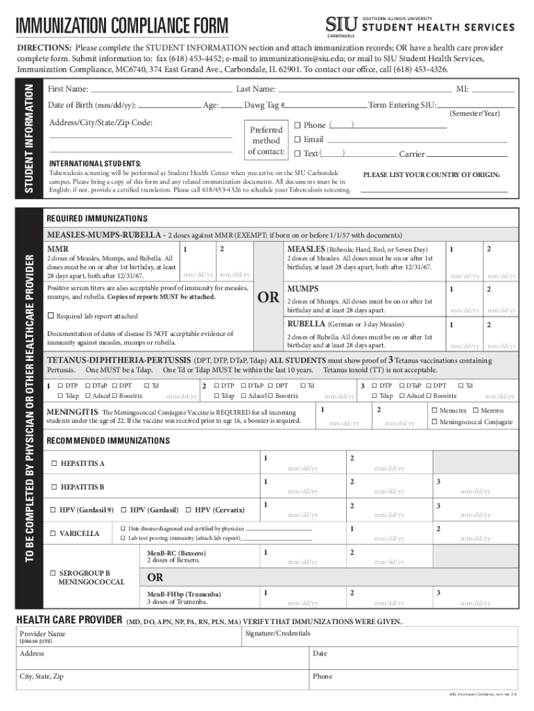 Shc Siu EducommonpdfsIMMUNIZATION COMPLIANCE FORM