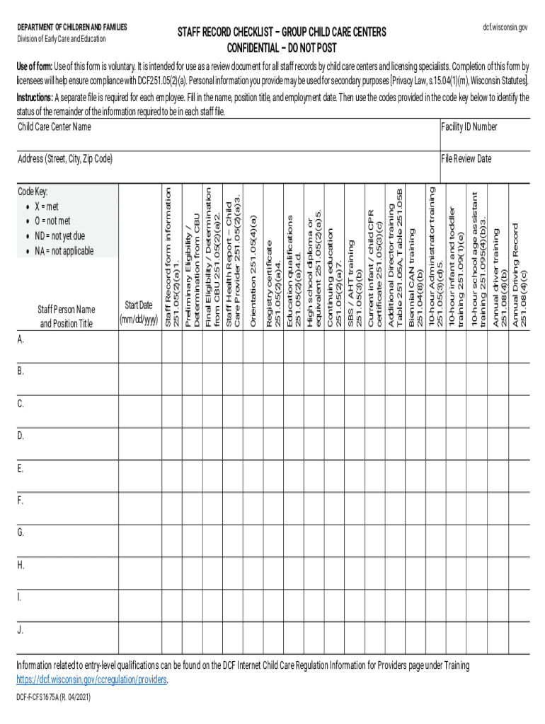  Staff Health Report Licensed Child Care Centers, DCF F CFS54 2021-2024