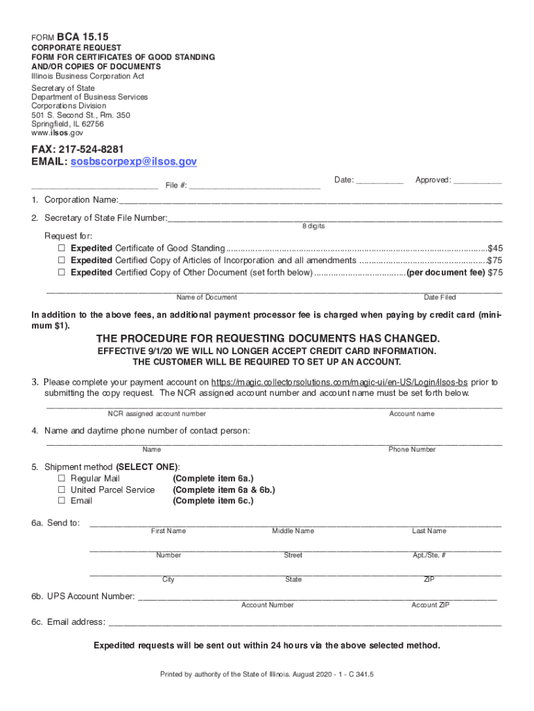  Corporation Request Form for Certificates of Good Standing 2020-2024