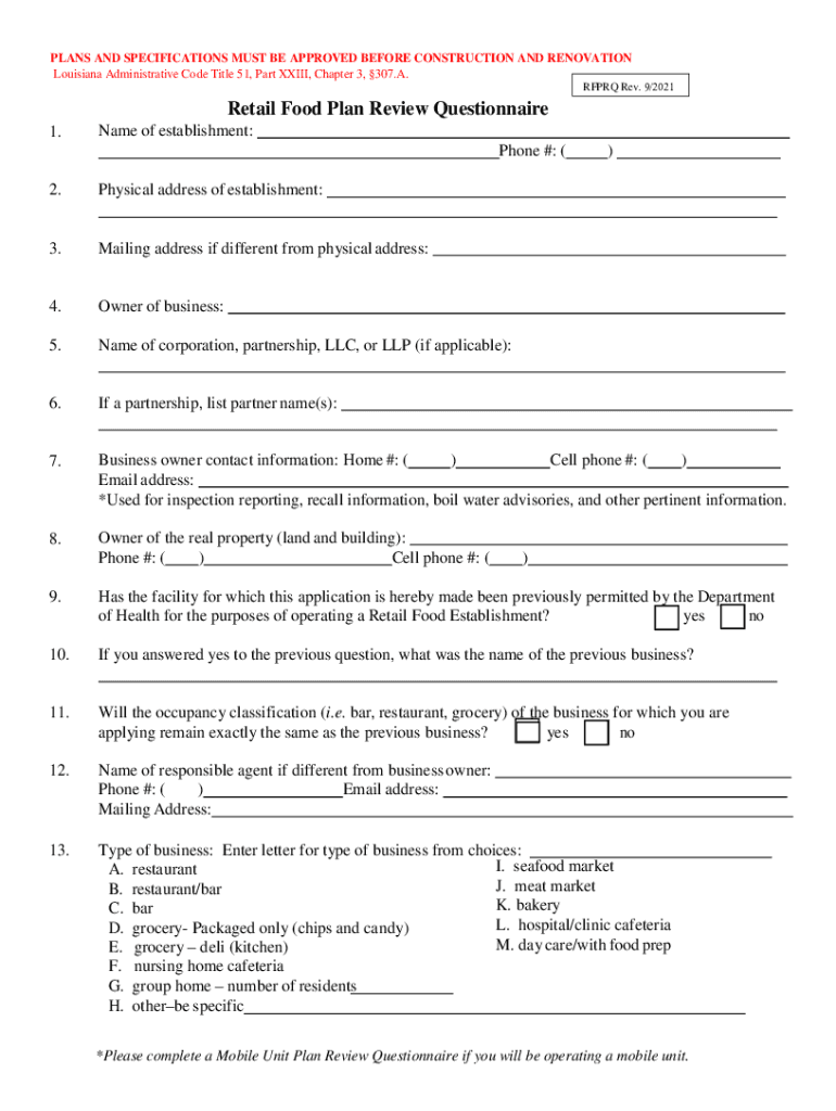 Ldh La GovassetsophRetail Food Plan Review Questionnaire State of Louisiana  Form