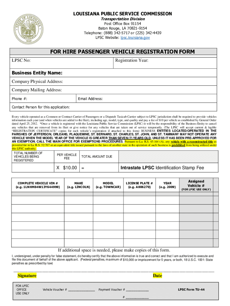 For HIRE PASSENGER VEHICLE REGISTRATION FORM