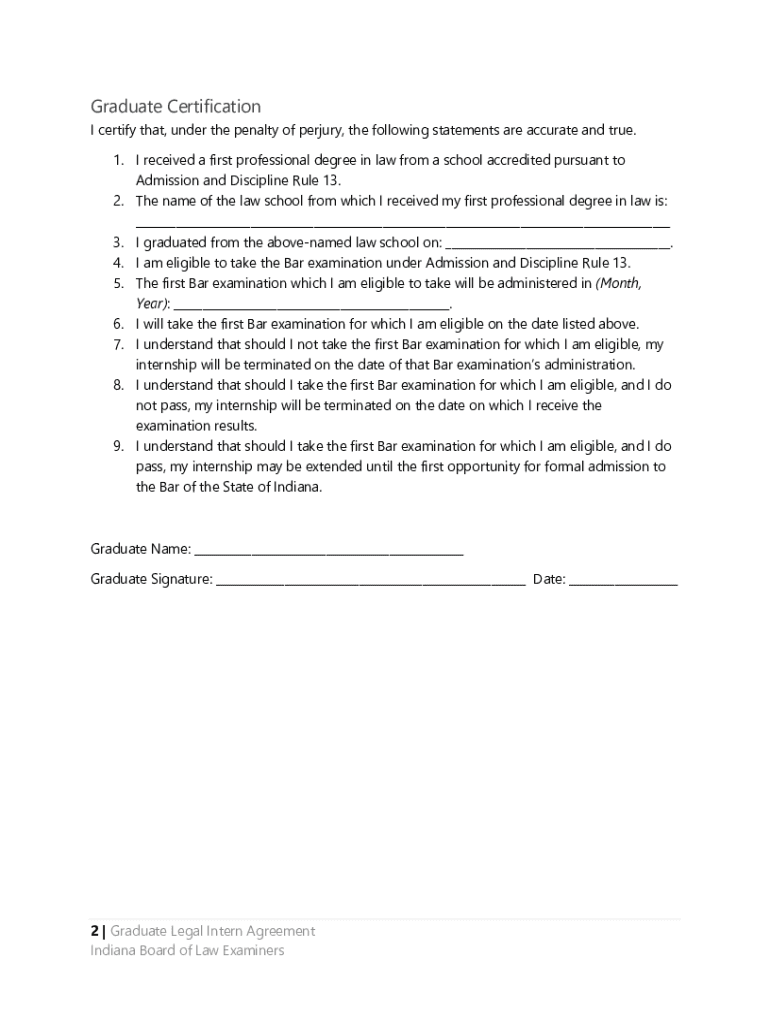 Graduate Legal Intern Agreement Indiana Board of Law  Form