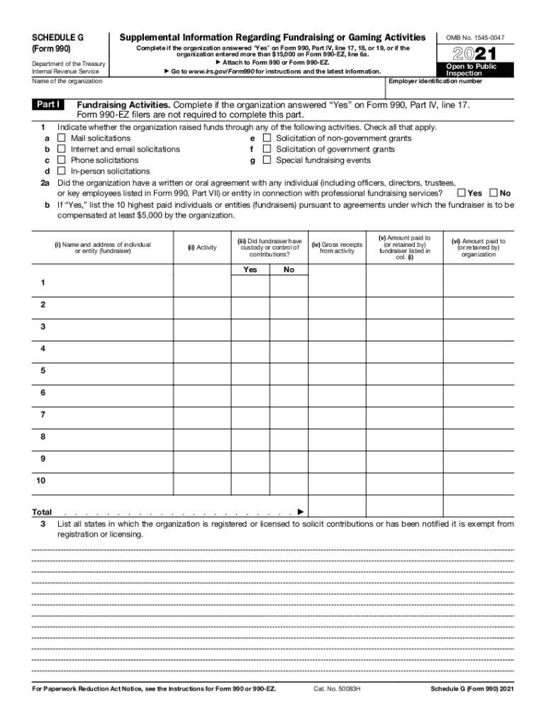 Schedule G Form 990 or 990 EZ Supplemental Information Regarding Fundraising or Gaming Activities