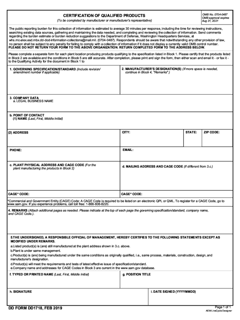  Dd Form 1718 2019-2024