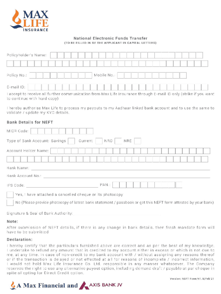  India Max Life Insurance Nationalised Electronic Funds Transfer Mandate Form 2021-2024