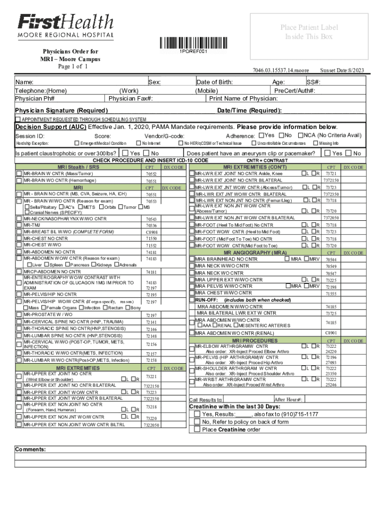 Physicians Order for Diagnostics MRI Moore Campus First  Form