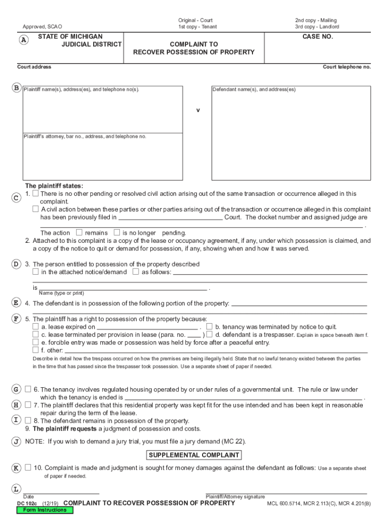  Form DC 102c COMPLAINT to RECOVER POSSESSION of PROPERTY 2019-2024