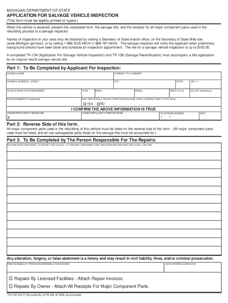  Form TR 13A &amp;quot;Application for Salvage Vehicle Inspection 2017-2024