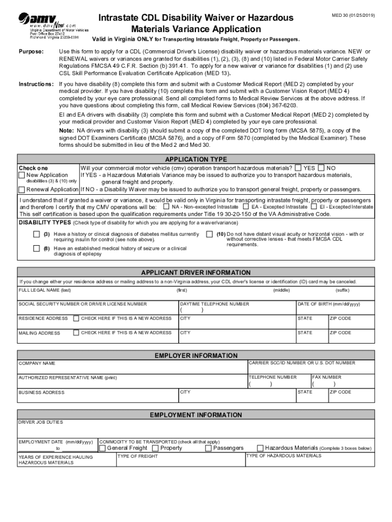  Get the Intrastate CDL Disability Waiver or Hazardous 2019-2024