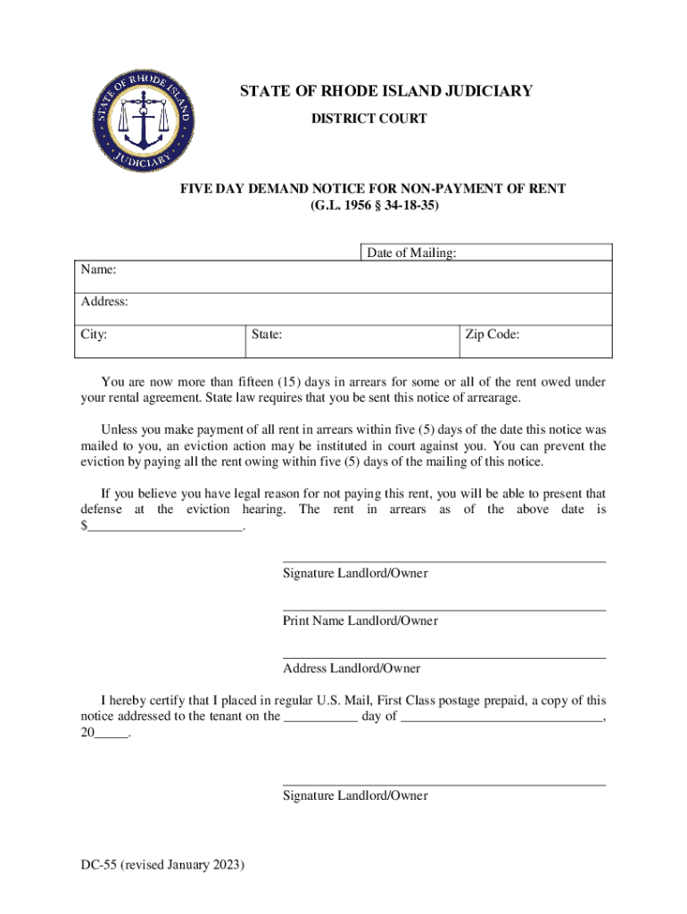 STATE of RHODE ISLAND DISTRICT COURT FIVE DAY DEMA  Form