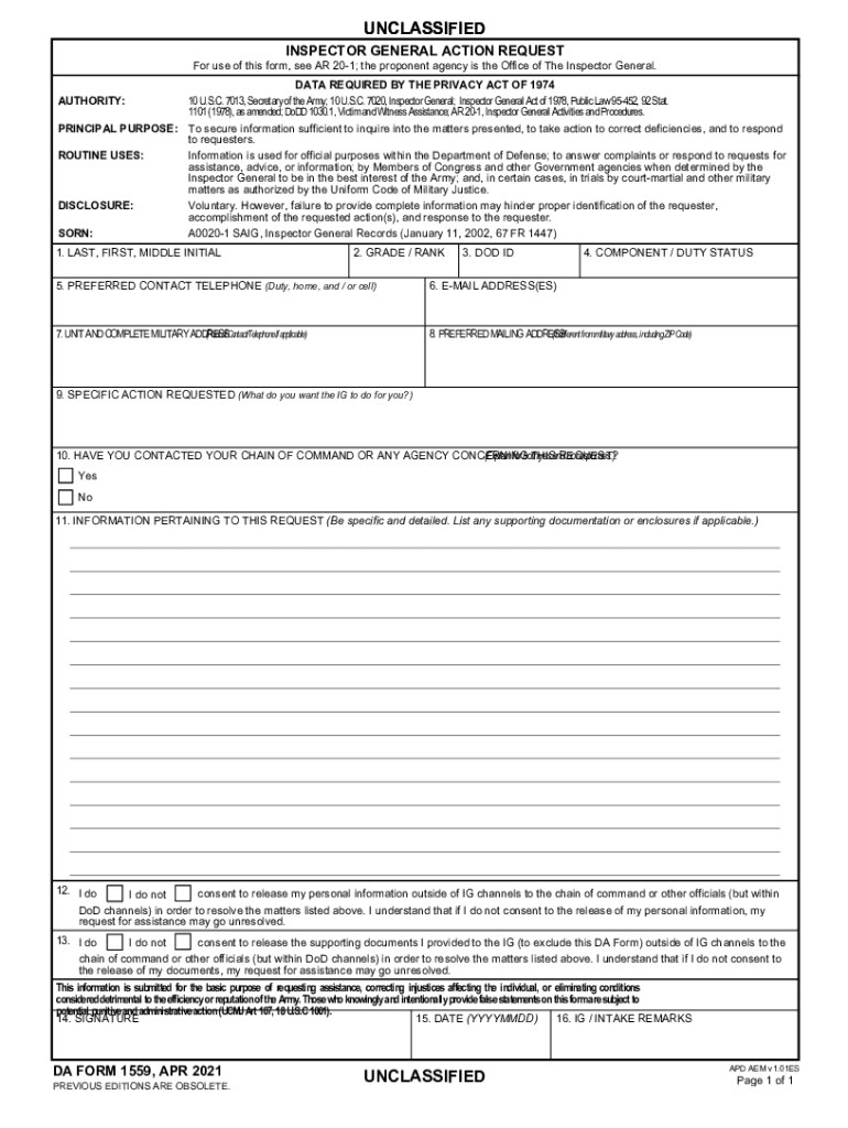  Inspector General Action Request DA Form 1559, APR 2021-2024