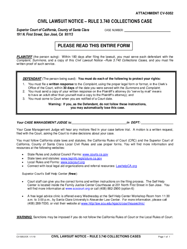 Fillable County of Santa Clara the Superior Court of  Form