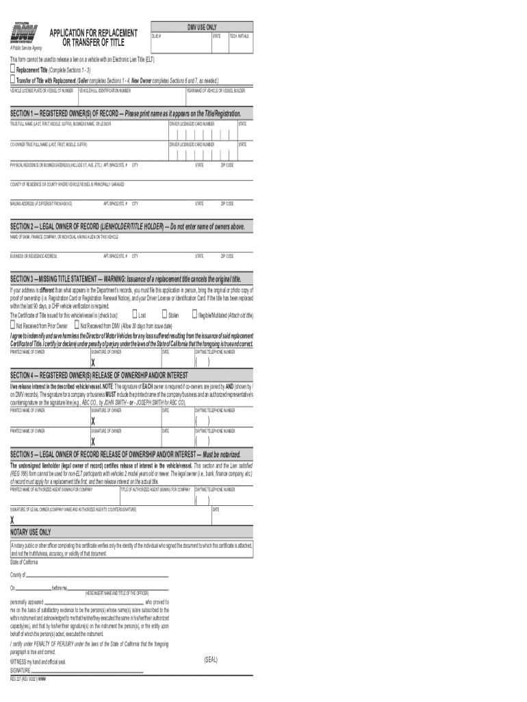  REG 227, Application for Replacement or Transfer of Title Index Ready This Form is Used in a Variety of Situations, Such As, but 2021-2024