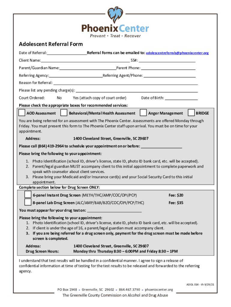 Adolescent Referral Form the Phoenix Center