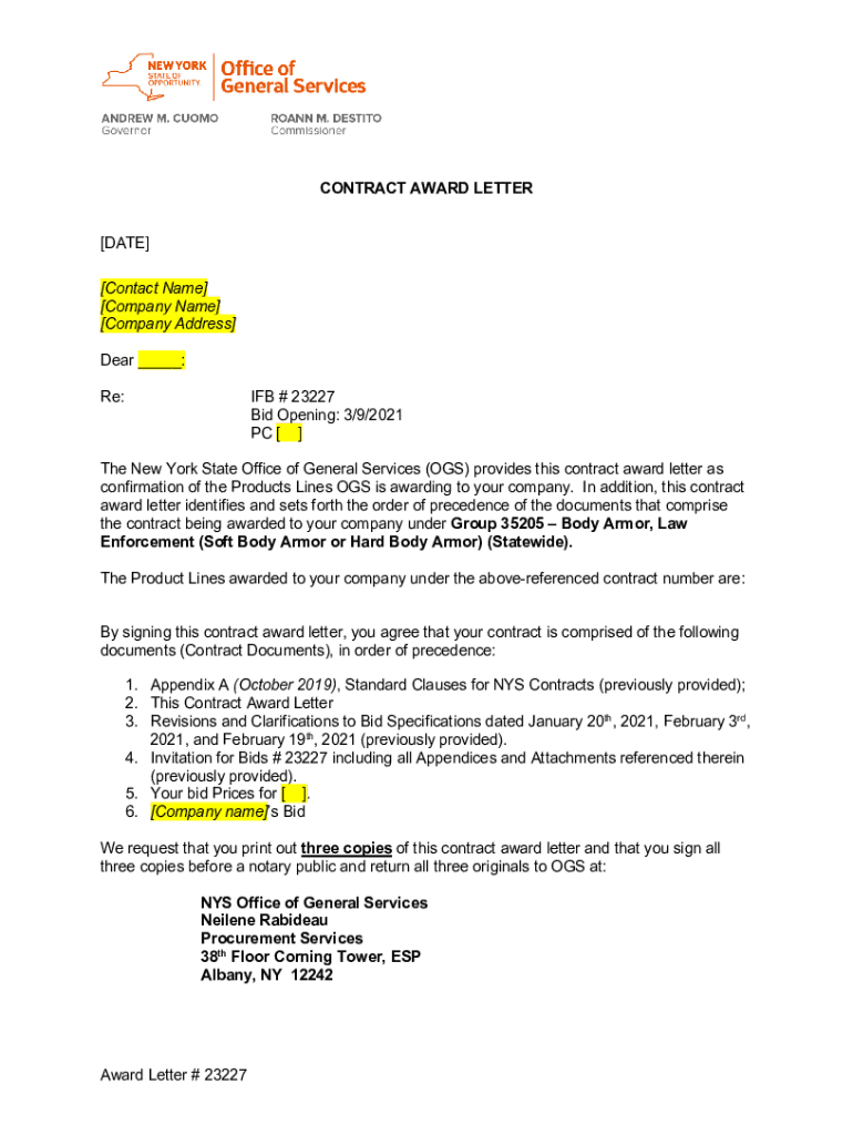 Award Letter # 23227 CONTRACT AWARD LETTER DATE  Form