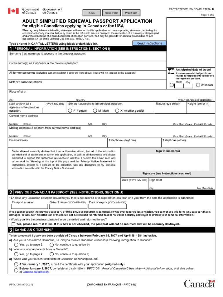  Canada Renewal Passport pdfFiller Com2020 Form Canada PPTC 054 Fill Online, Printable, Fillable 2021