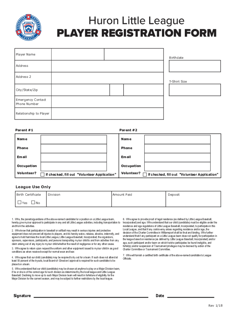 Cdn2 Sportngin ComattachmentsdocumentHuron Little League PLAYER REGISTRATION FORM Player