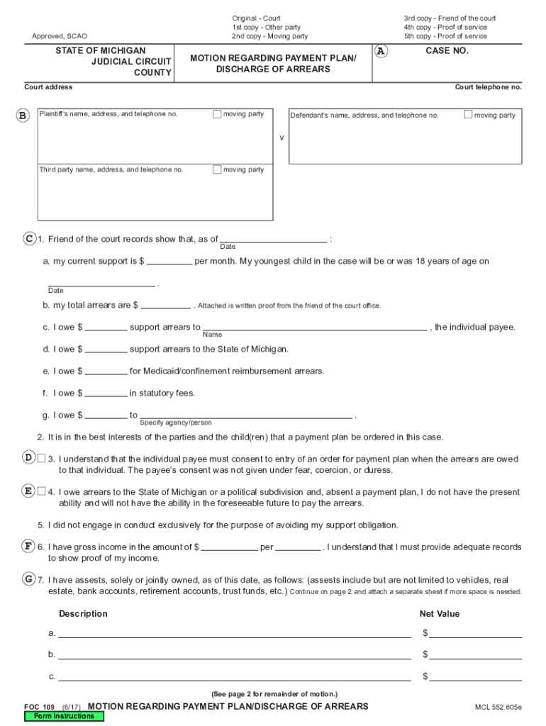 FOC 109, Motion Regarding Payment PlanDischarge of Arrears  Form