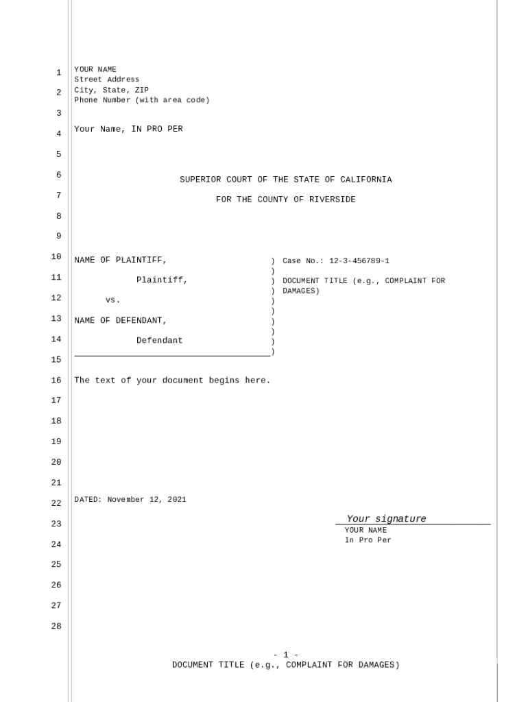 California Court Complaint for Damages  Form