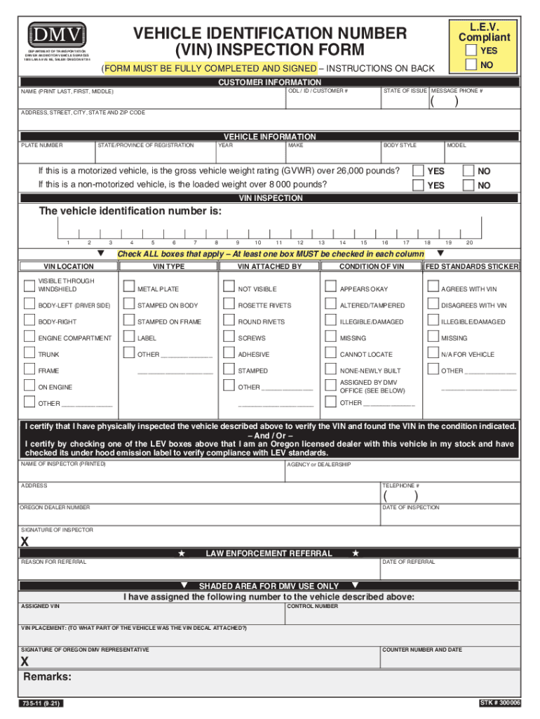 735 11 Vehicle Identification Number VIN Inspection Form