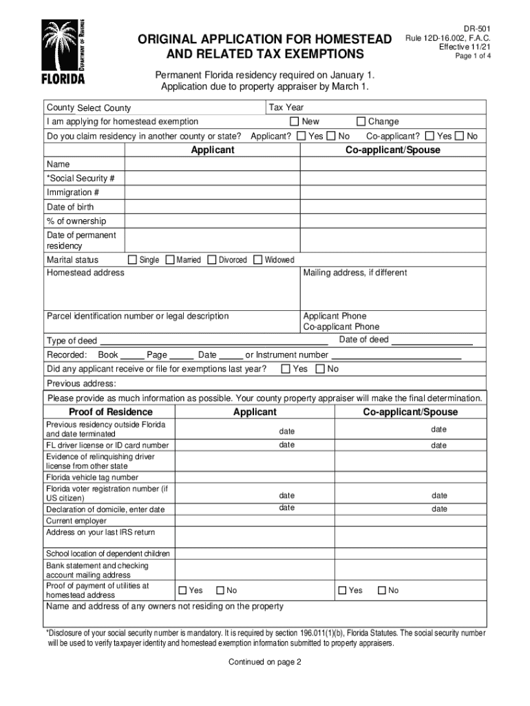 Fillable Online Original Application for Homestead and  Form