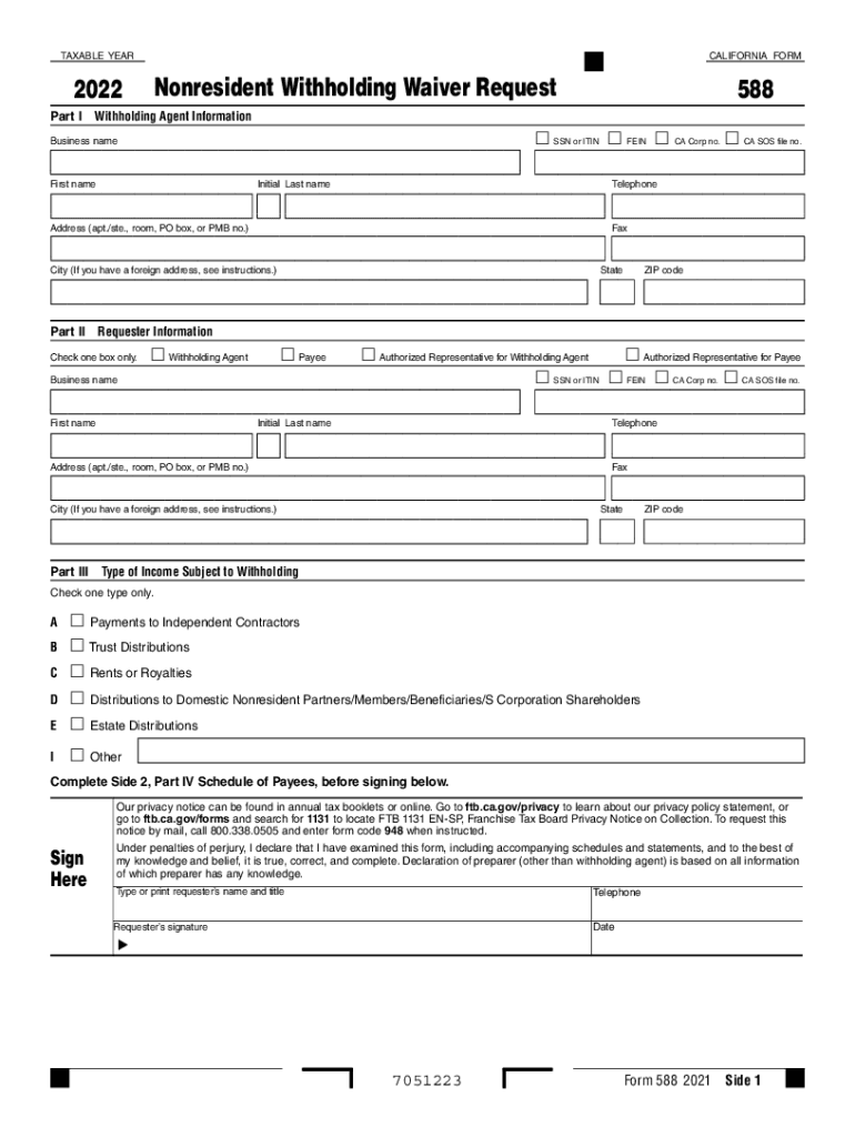  2022, Form 588 Nonresident Withholding Waiver Request 2022; Form 588, Nonresident Withholding Waiver Request 2022