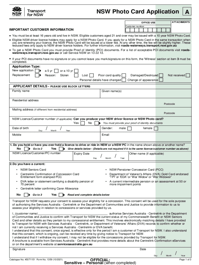 Fillable Online NSW Photo Card Application Form 1359