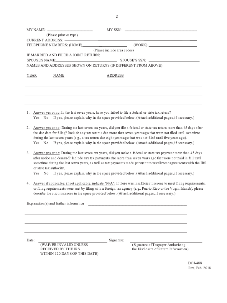 DOJ 488 Tax Waiver Form