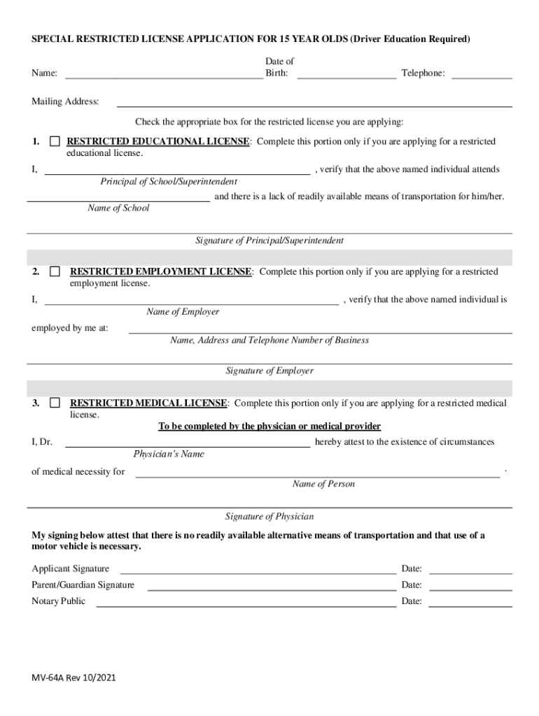 Form MV 64A &amp;quot;Special Restricted License Application for 15