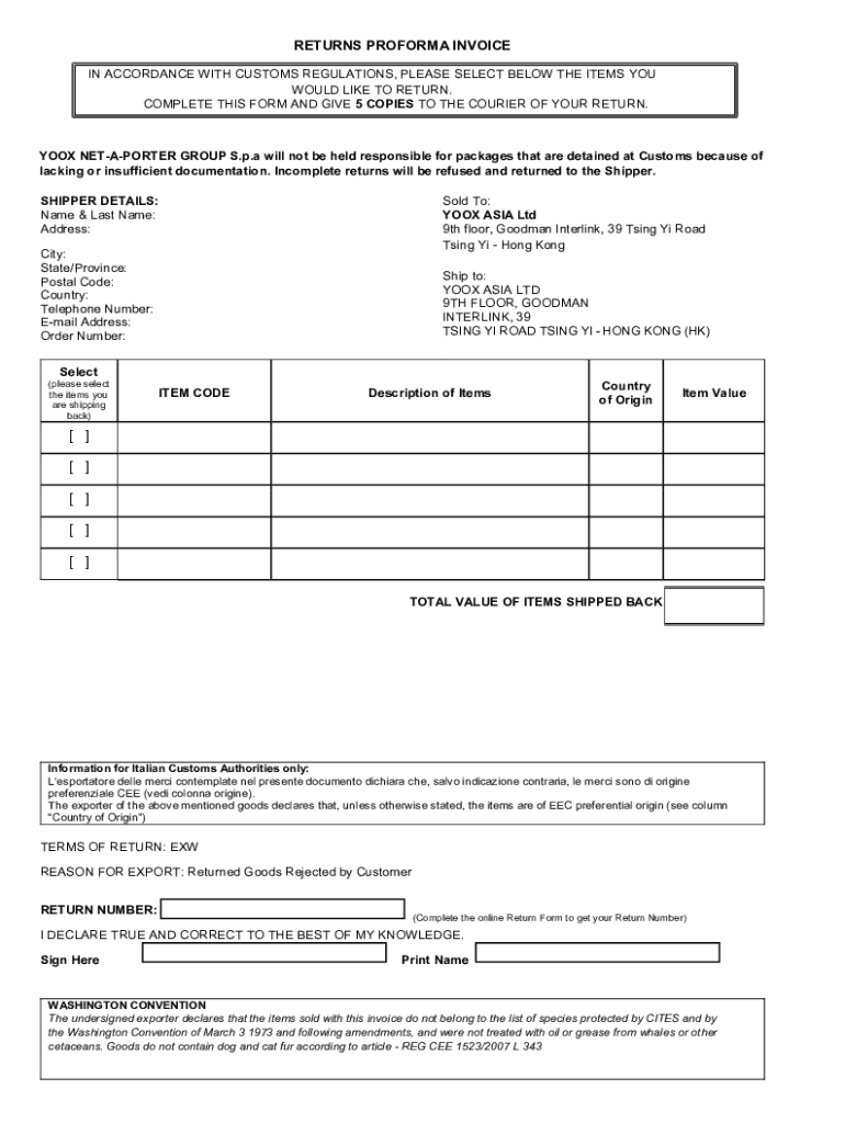 RETURNS PROFORMA INVOICE in ACCORDANCE with CUSTOM