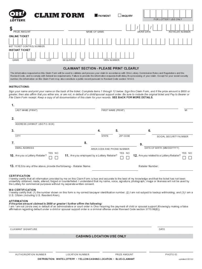 Fillable Online Ohio Lottery Claim Form Fill Online