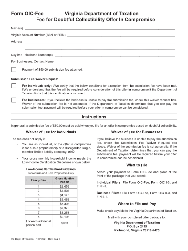 Fillable Online Tax Virginia Form OIC Fee Offer in