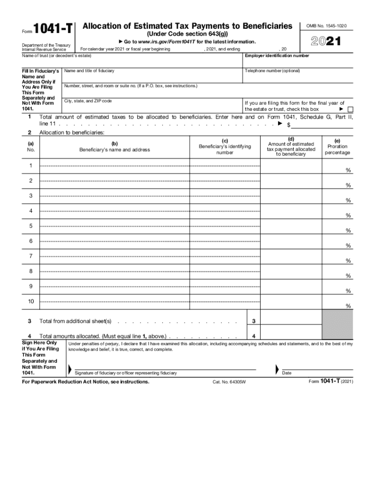  Federal Form 1041 T Allocation of Estimated Tax Payments 2021